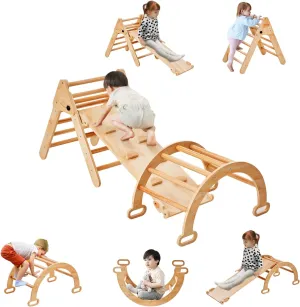 VEVOR Pikler Triangle Set, 5 in 1 Toddler Climbing Toys Indoor Playground, Ramp, and Arch, Montessori Set With Triangle, Wooden Gym for Toddlers 1-3 Years, Natural, Medium Size