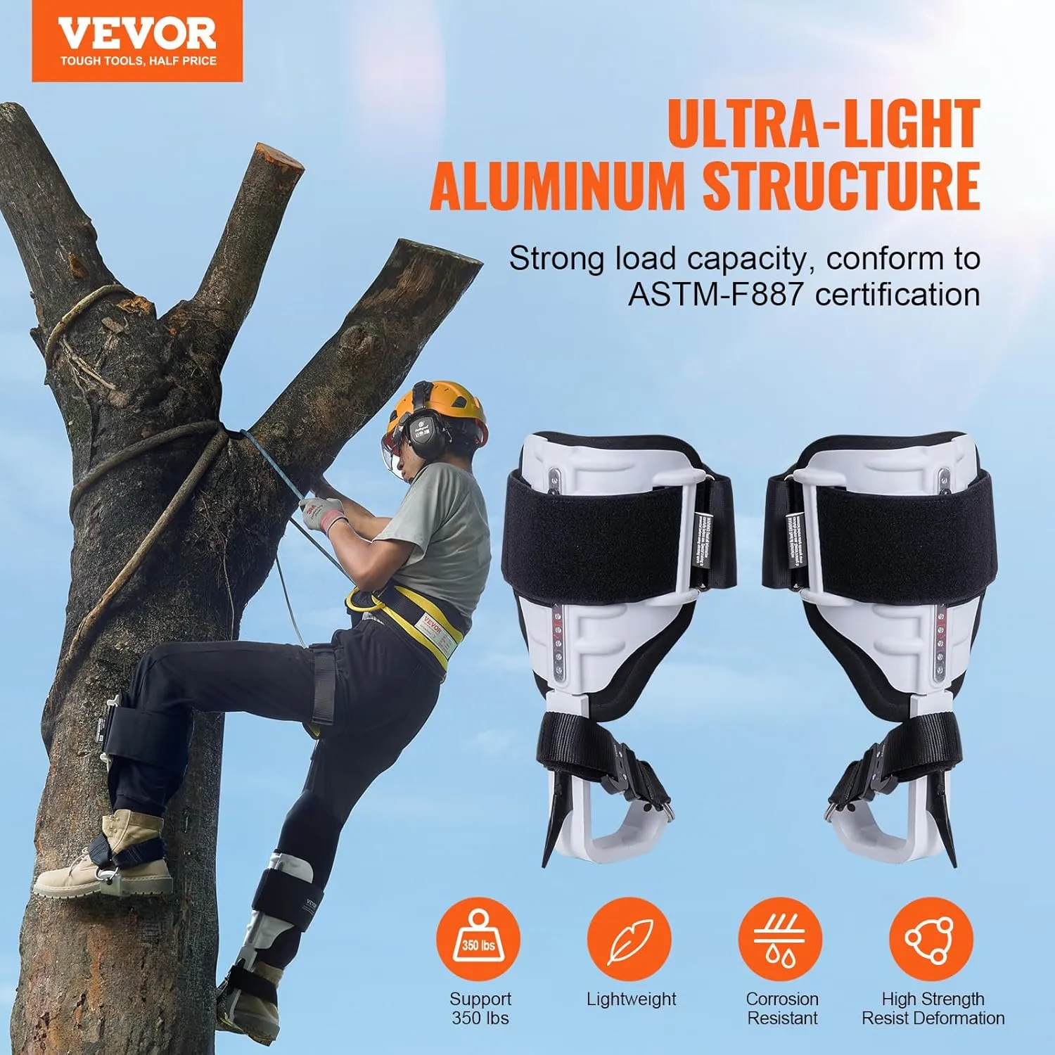 VEVOR Tree Climbing Spikes, 1 Pair Climbing Spurs, 350lbs Load Capacity Tree Climbing Gear with Straps and Spike Protectors, Arborist Equipment for Climbers, Hunting, Fruit Picking