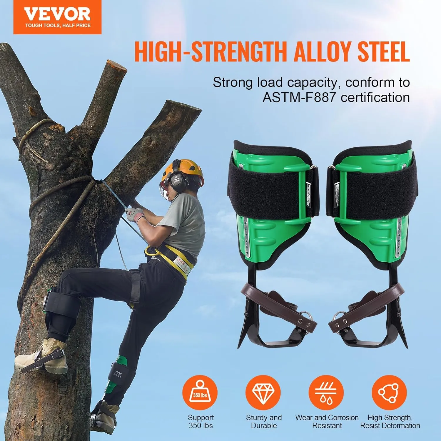 VEVOR Tree Climbing Spikes, 1 Pair Climbing Spurs, 350lbs Load Capacity Tree Climbing Gear with Straps and Spike Protectors, Arborist Equipment for Climbers, Hunting, Fruit Picking