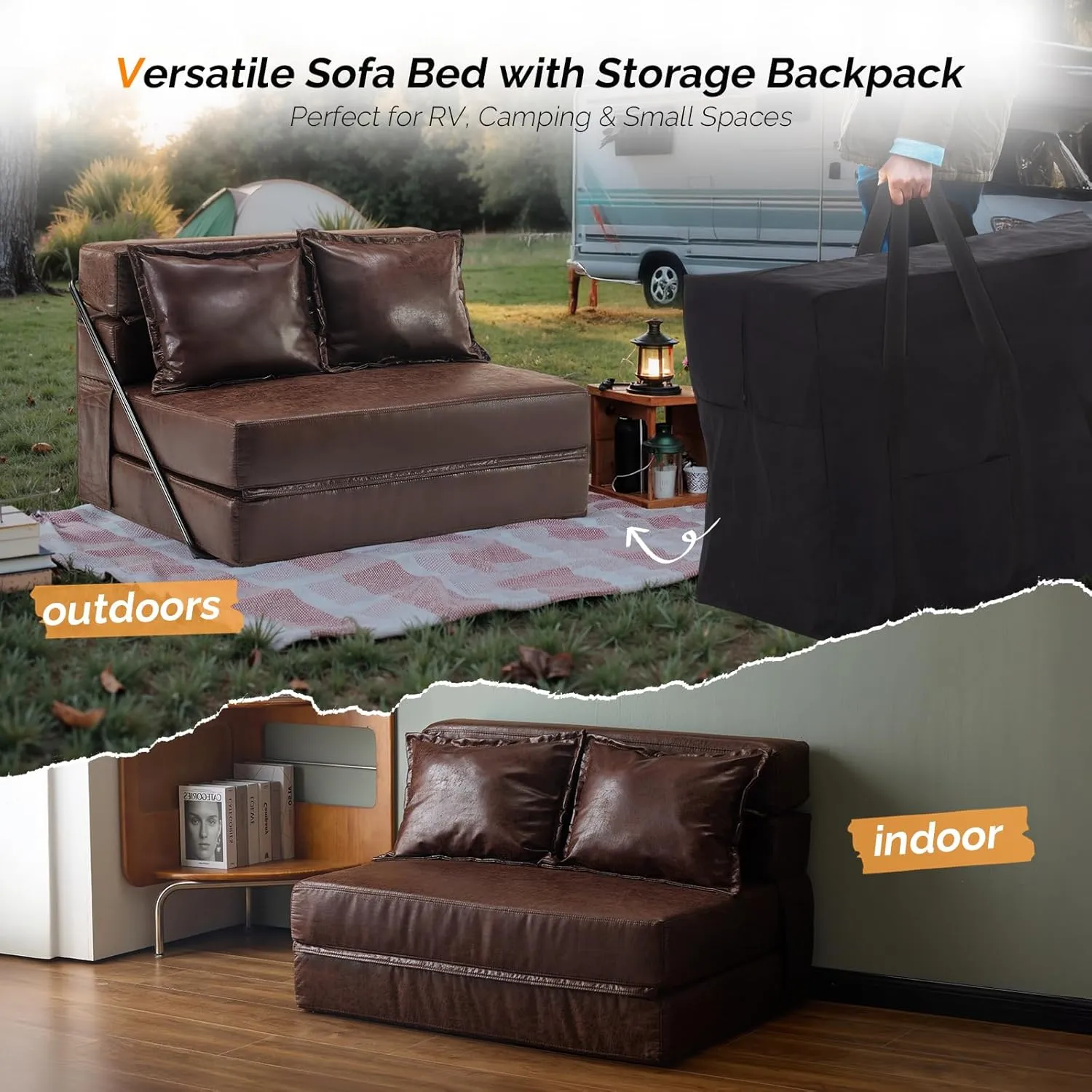 VINGLI Futon Sofa Bed, 5-in-1 Convertible Sleeper Sofa Chair RV Furniture Pull Out Floor Bed Couch for Small Spaces, Living Room, Bedroom with 2 Throw Pillows, Carry Bag