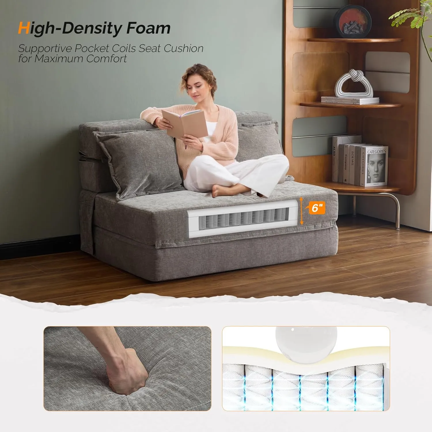 VINGLI Futon Sofa Bed, 5-in-1 Convertible Sleeper Sofa Chair RV Furniture Pull Out Floor Bed Couch for Small Spaces, Living Room, Bedroom with 2 Throw Pillows, Carry Bag