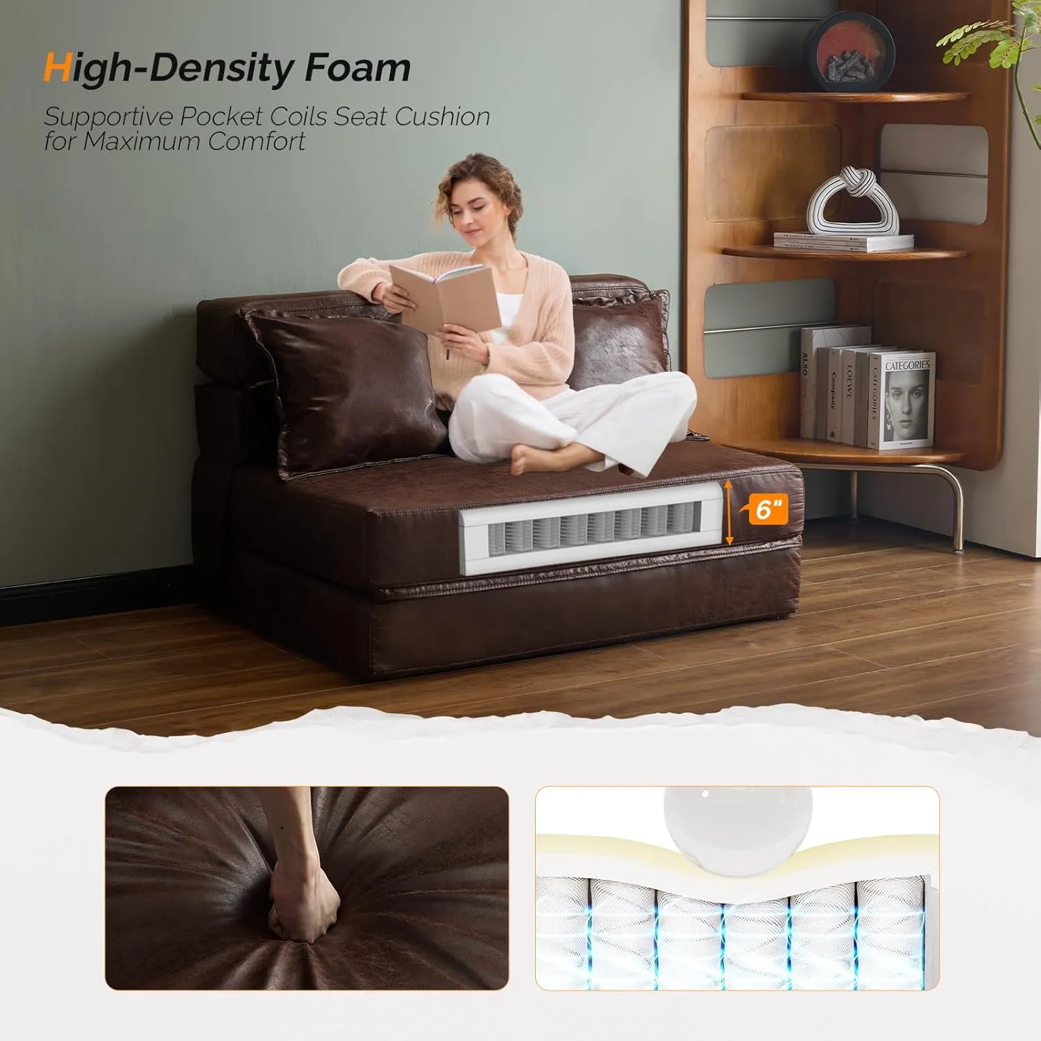 VINGLI Futon Sofa Bed, 5-in-1 Convertible Sleeper Sofa Chair RV Furniture Pull Out Floor Bed Couch for Small Spaces, Living Room, Bedroom with 2 Throw Pillows, Carry Bag