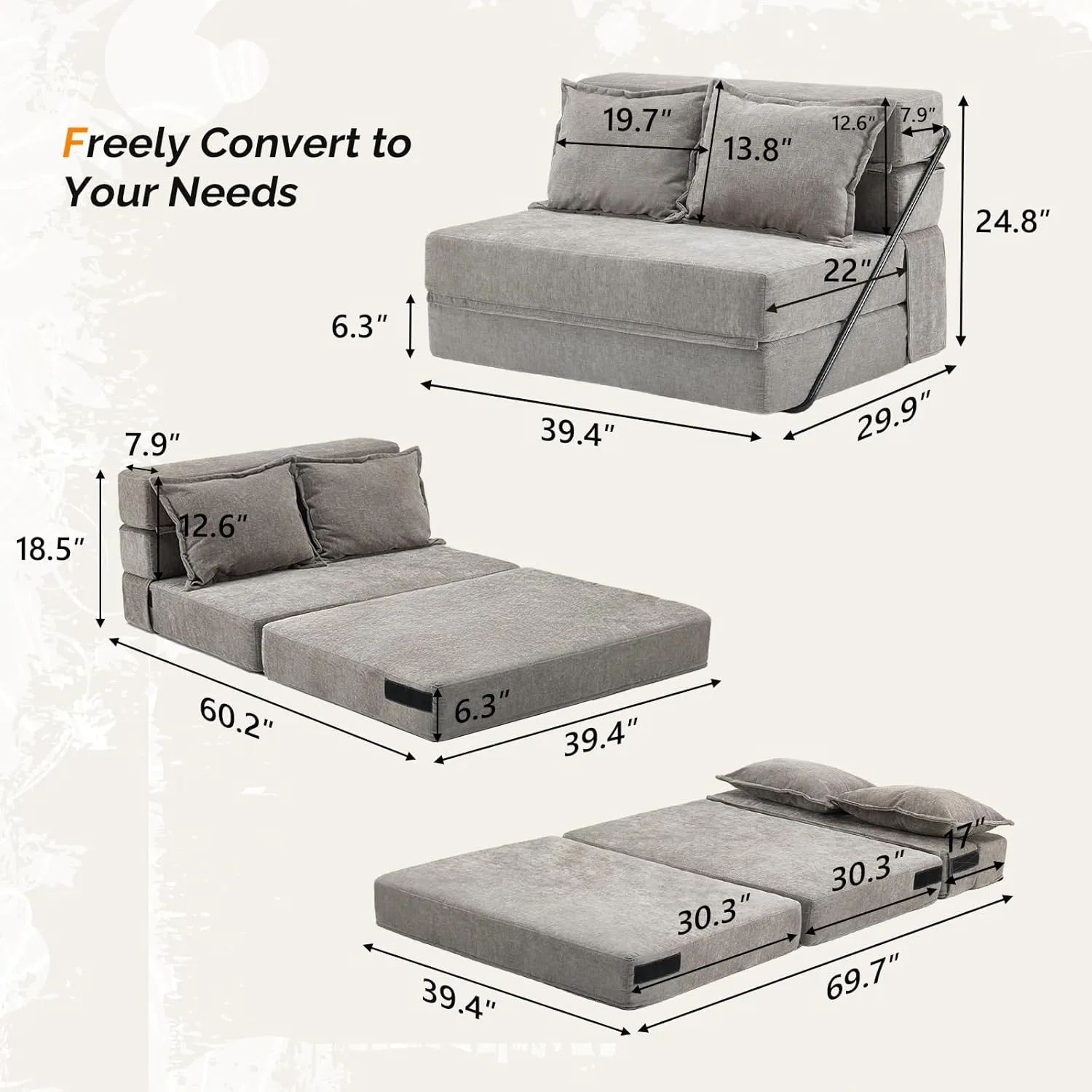 VINGLI Futon Sofa Bed, 5-in-1 Convertible Sleeper Sofa Chair RV Furniture Pull Out Floor Bed Couch for Small Spaces, Living Room, Bedroom with 2 Throw Pillows, Carry Bag
