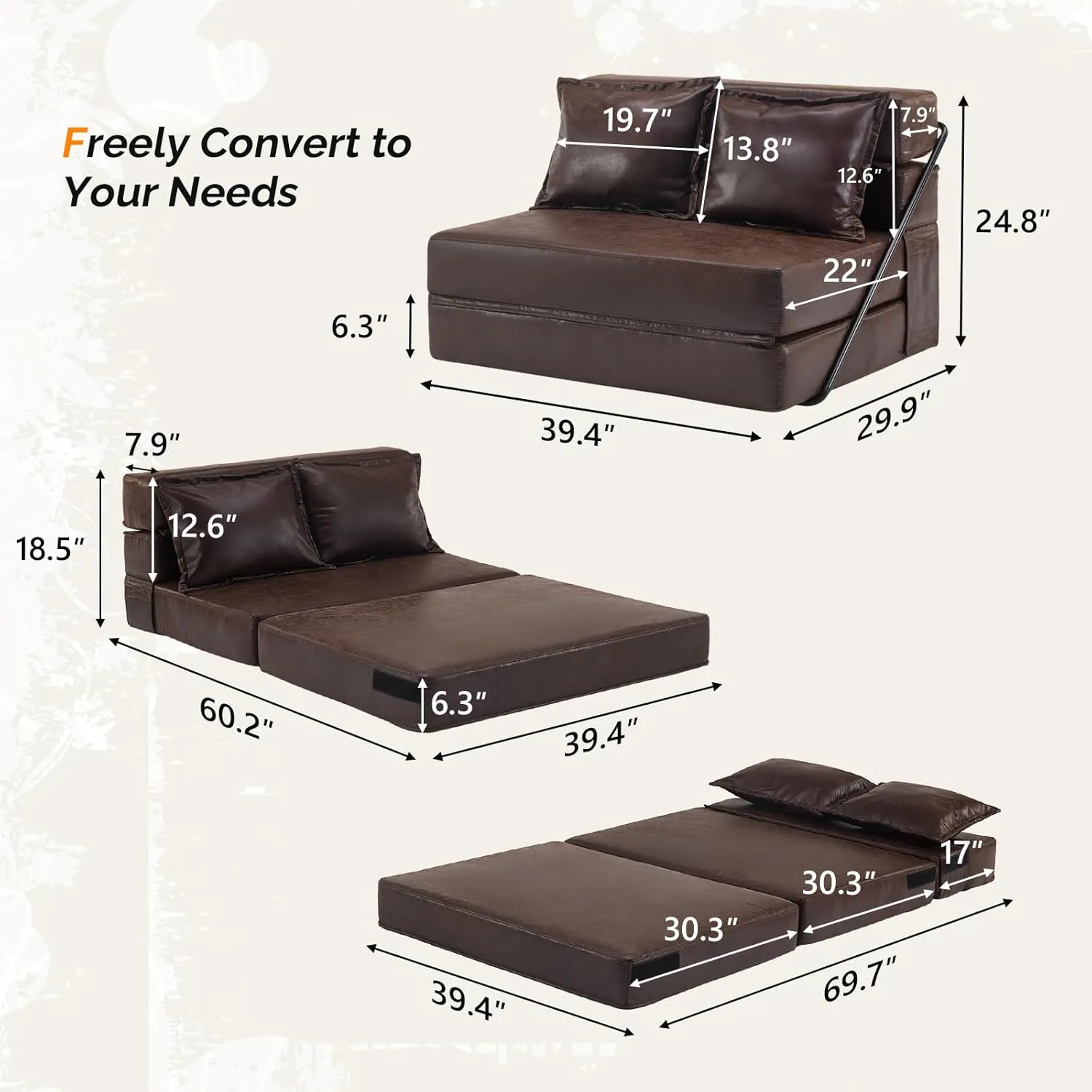 VINGLI Futon Sofa Bed, 5-in-1 Convertible Sleeper Sofa Chair RV Furniture Pull Out Floor Bed Couch for Small Spaces, Living Room, Bedroom with 2 Throw Pillows, Carry Bag