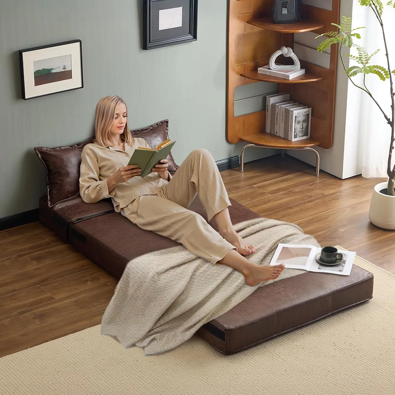 VINGLI Futon Sofa Bed, 5-in-1 Convertible Sleeper Sofa Chair RV Furniture Pull Out Floor Bed Couch for Small Spaces, Living Room, Bedroom with 2 Throw Pillows, Carry Bag