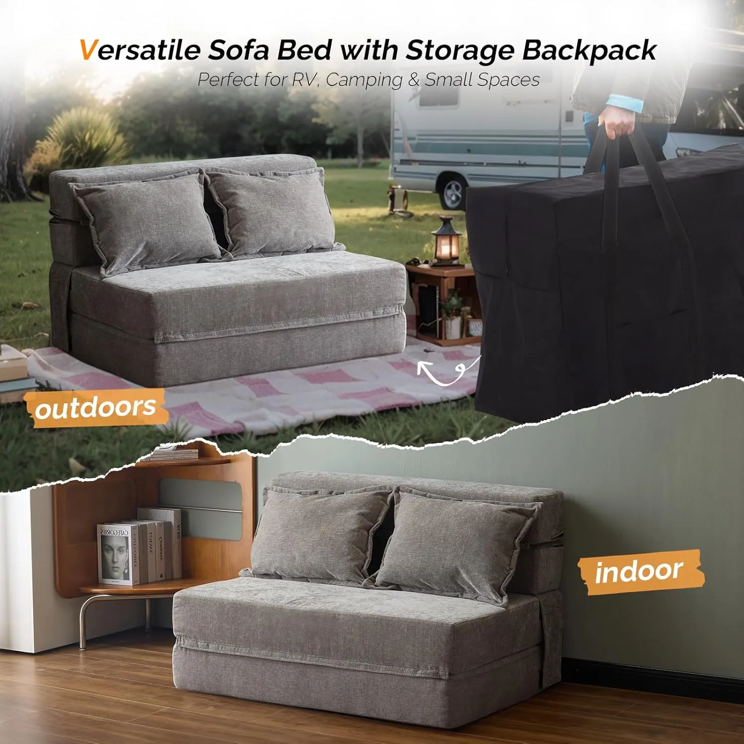 VINGLI Futon Sofa Bed, 5-in-1 Convertible Sleeper Sofa Chair RV Furniture Pull Out Floor Bed Couch for Small Spaces, Living Room, Bedroom with 2 Throw Pillows, Carry Bag