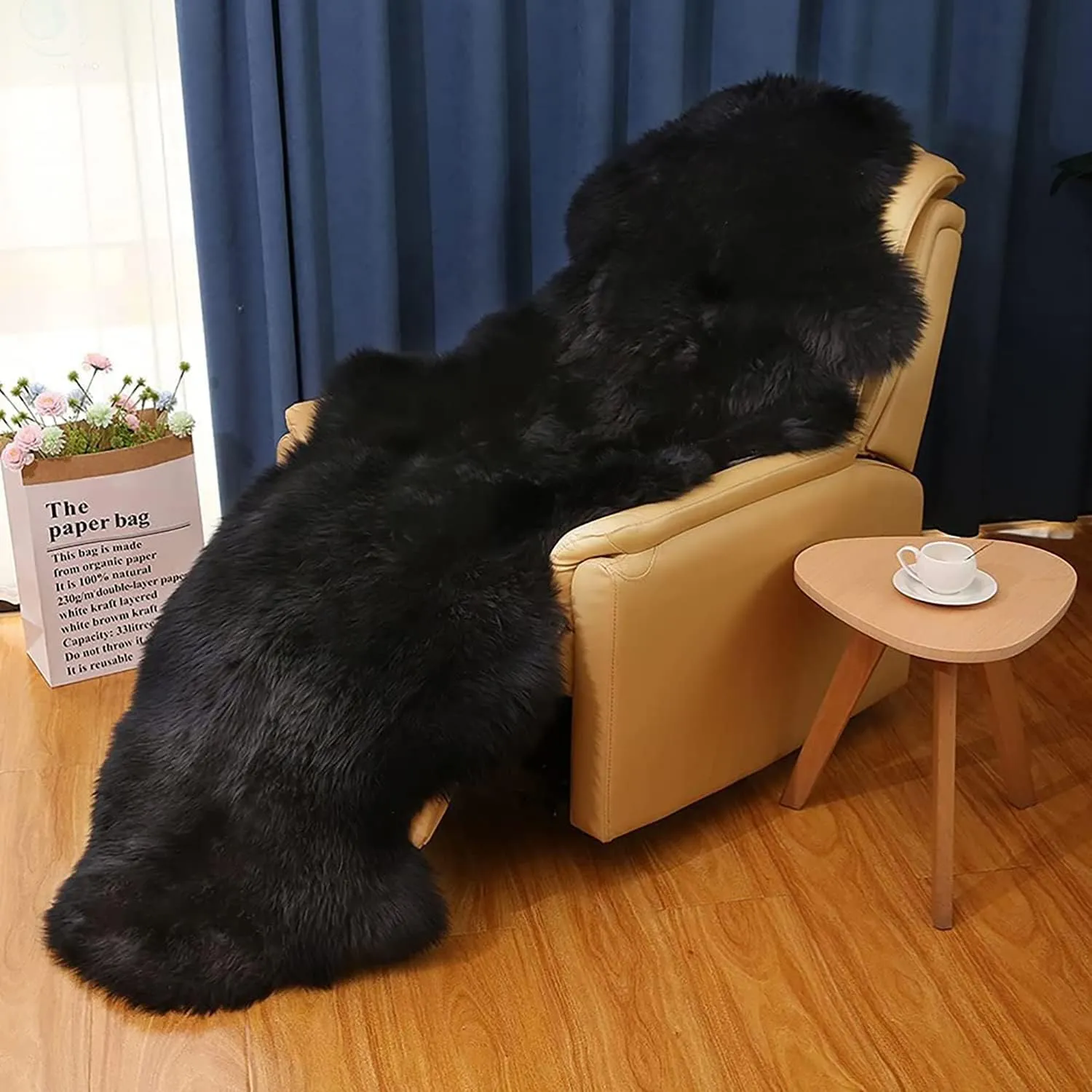 WL&ALLEN Large Sheepskin Rug Genuine Thick and Lush 3 Inch Pile，Luxury Australian Pelts |Large Sheepskin Wool Area Rugs (Large Double Pelt 2'6" x 6'6",Black)