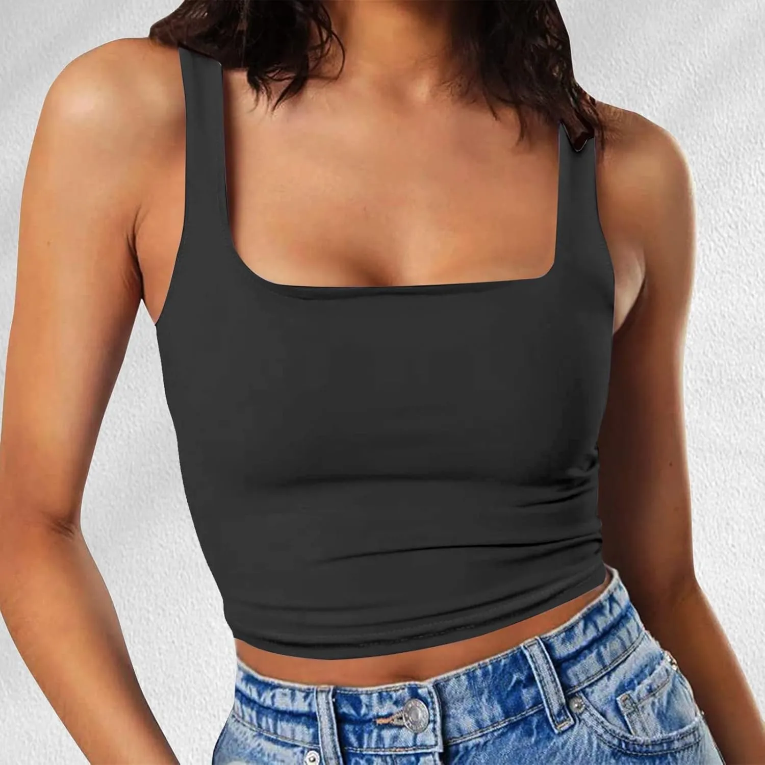Women Sleeveless Vest Square Neck Double Layer Fitness Casual Short Top Vest N