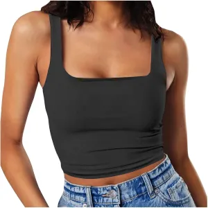 Women Sleeveless Vest Square Neck Double Layer Fitness Casual Short Top Vest N