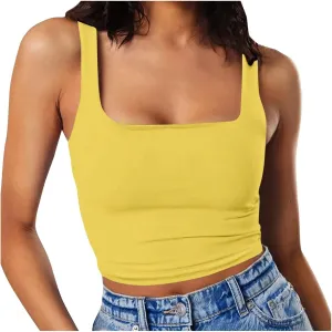 Women Sleeveless Vest Square Neck Double Layer Fitness Casual Short Top Vest N