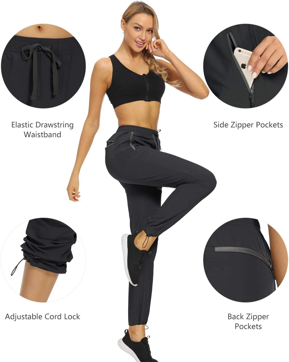 Women’s Cargo Hiking Pants Lightweight Joggers Quick Dry Water Resistant Lounge Outdoor Travel Pants Zipper Pockets