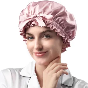 YFONG Double Layered 100% Mulberry Silk Bonnet for Sleeping Women, Large 22MM Luxury Silk Sleep Cap with Elastic Band & Tie, Natural Night Hair Wrap for Hair Care Short Long Curly Hair, Pink