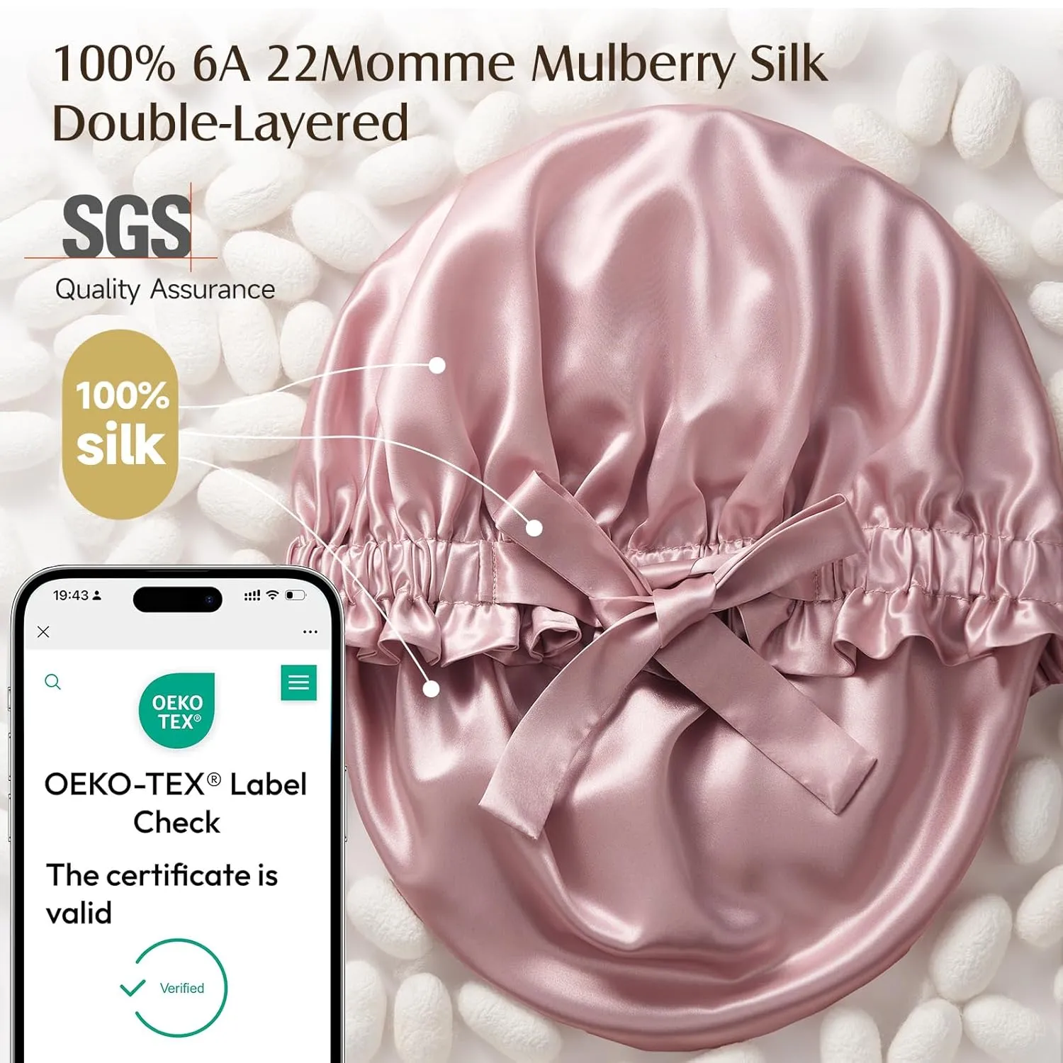 YFONG Double Layered 100% Mulberry Silk Bonnet for Sleeping Women, Large 22MM Luxury Silk Sleep Cap with Elastic Band & Tie, Natural Night Hair Wrap for Hair Care Short Long Curly Hair, Pink