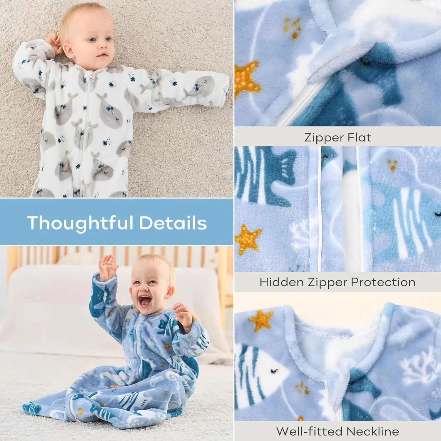 Yoofoss Long Sleeve Fleece Baby Sleep Sack 18-24 Months, 2 Pack TOG 1.5 Baby Wearable Blanket with 2-Way Zipper, Toddler Sleeping Sack, Soft Warm
