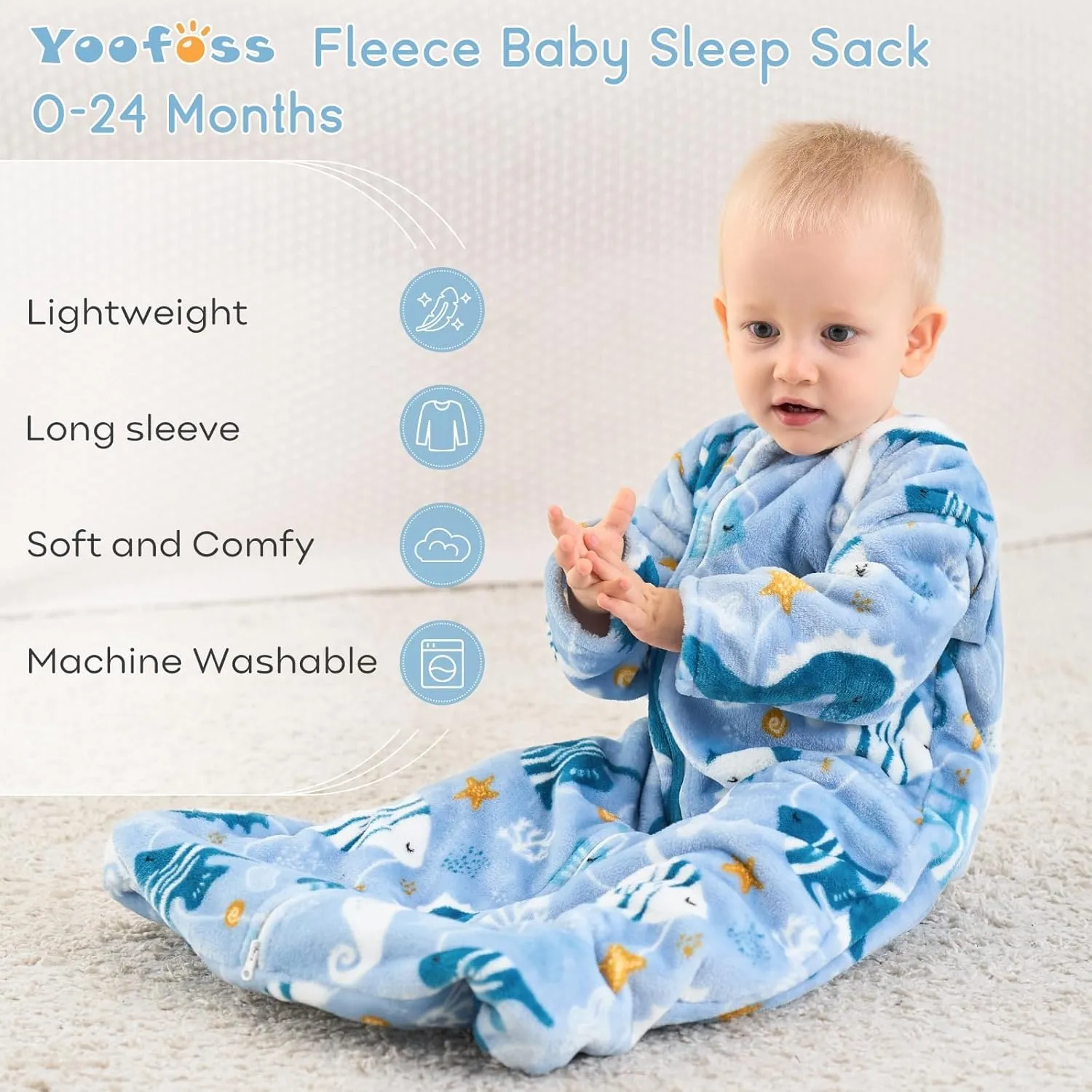 Yoofoss Long Sleeve Fleece Baby Sleep Sack 18-24 Months, 2 Pack TOG 1.5 Baby Wearable Blanket with 2-Way Zipper, Toddler Sleeping Sack, Soft Warm