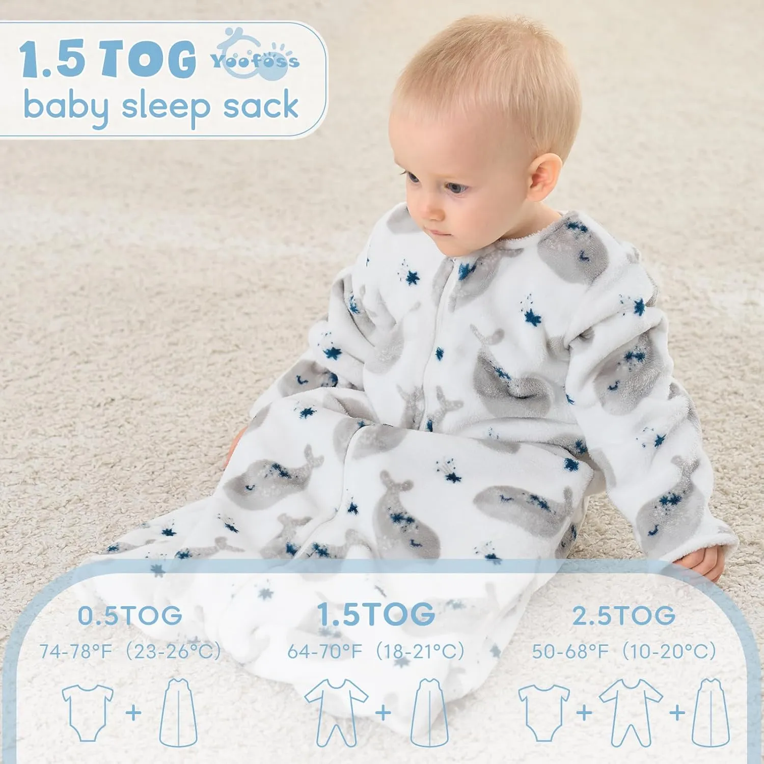 Yoofoss Long Sleeve Fleece Baby Sleep Sack 18-24 Months, 2 Pack TOG 1.5 Baby Wearable Blanket with 2-Way Zipper, Toddler Sleeping Sack, Soft Warm