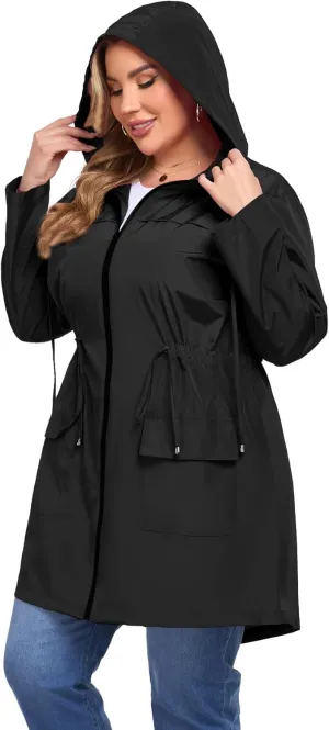 ZOMVA 2025 Plus Size 1X-4X Rain Jacket Coat Long Lightweight Raincoat with Hood Windbreaker Waterproof Jackets with Pockets
