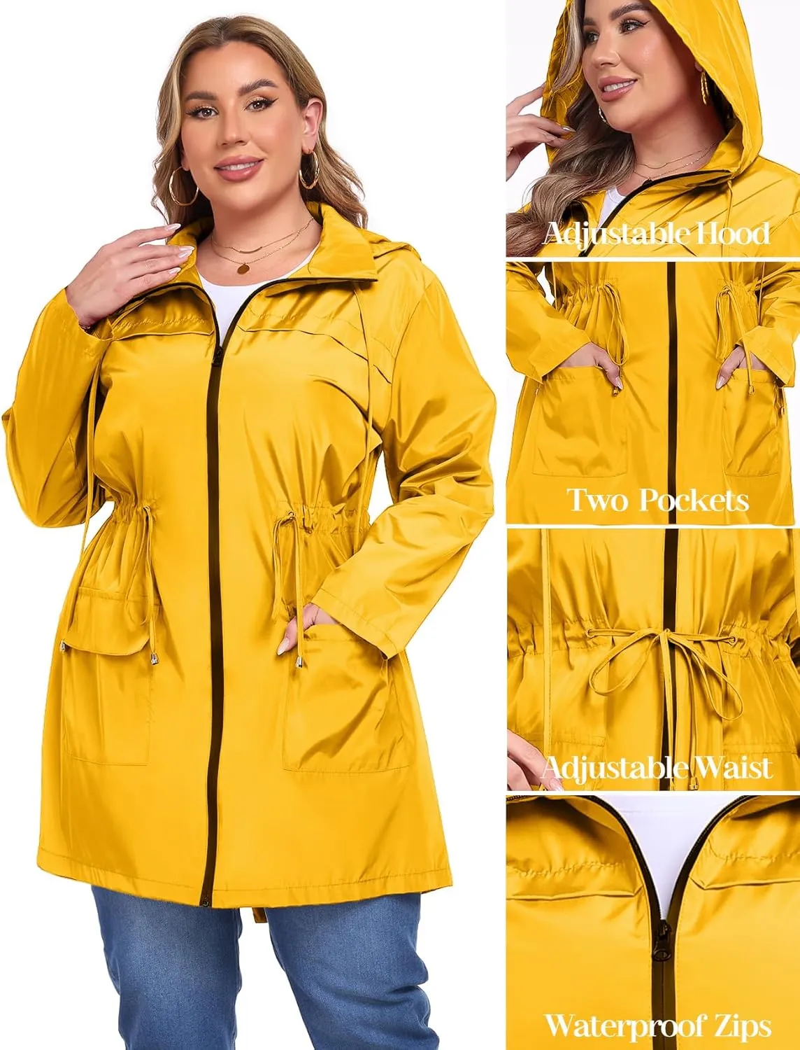 ZOMVA 2025 Plus Size 1X-5X Rain Jacket Coat Long Lightweight Raincoat with Hood Windbreaker Waterproof Jackets with Pockets