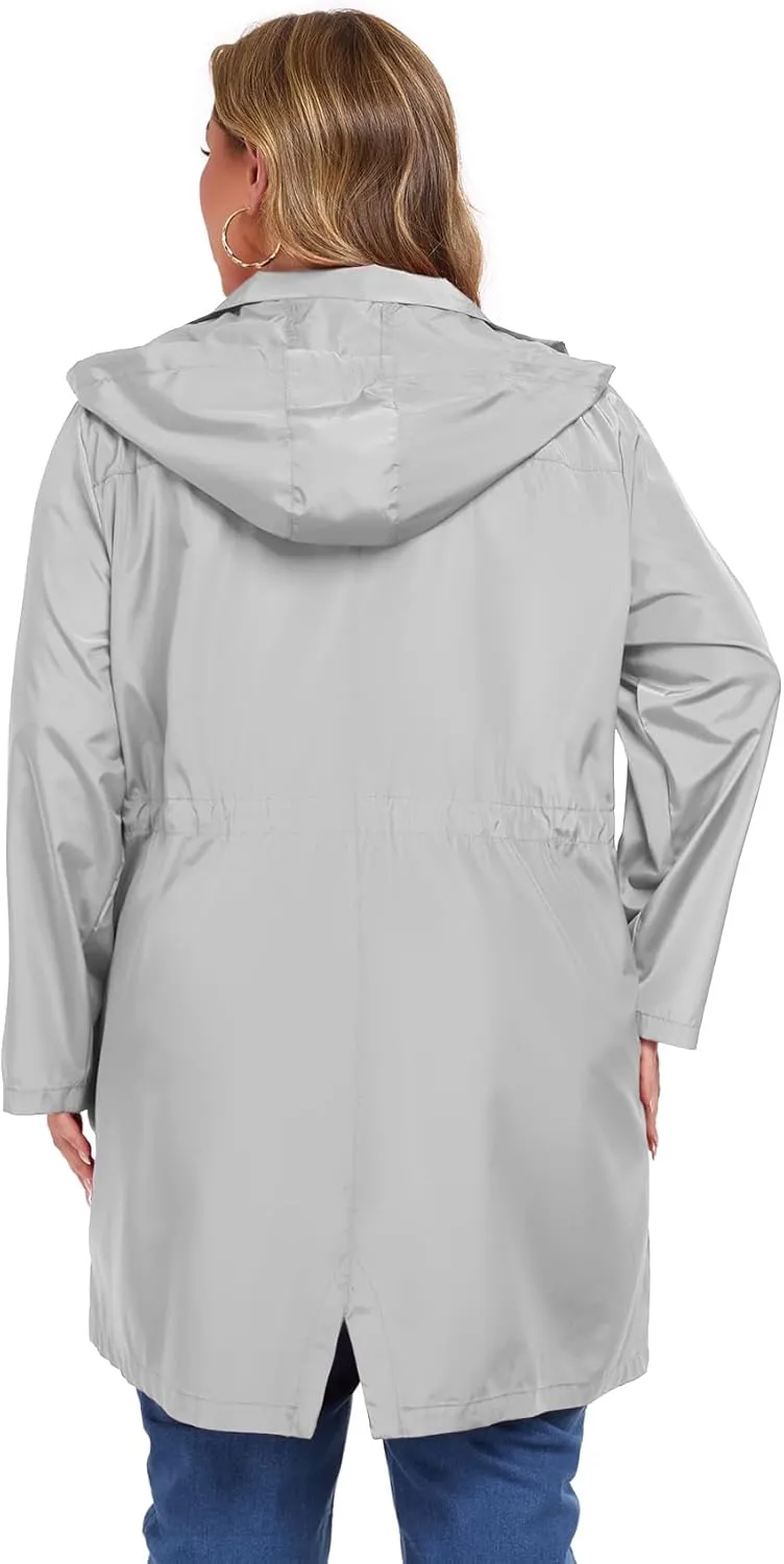 ZOMVA 2025 Plus Size 1X-5X Rain Jacket Coat Long Lightweight Raincoat with Hood Windbreaker Waterproof Jackets with Pockets