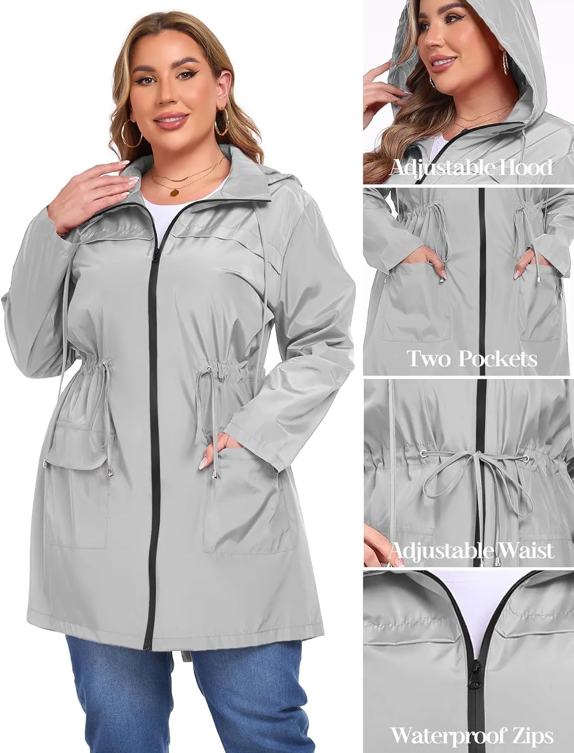 ZOMVA 2025 Plus Size 1X-5X Rain Jacket Coat Long Lightweight Raincoat with Hood Windbreaker Waterproof Jackets with Pockets