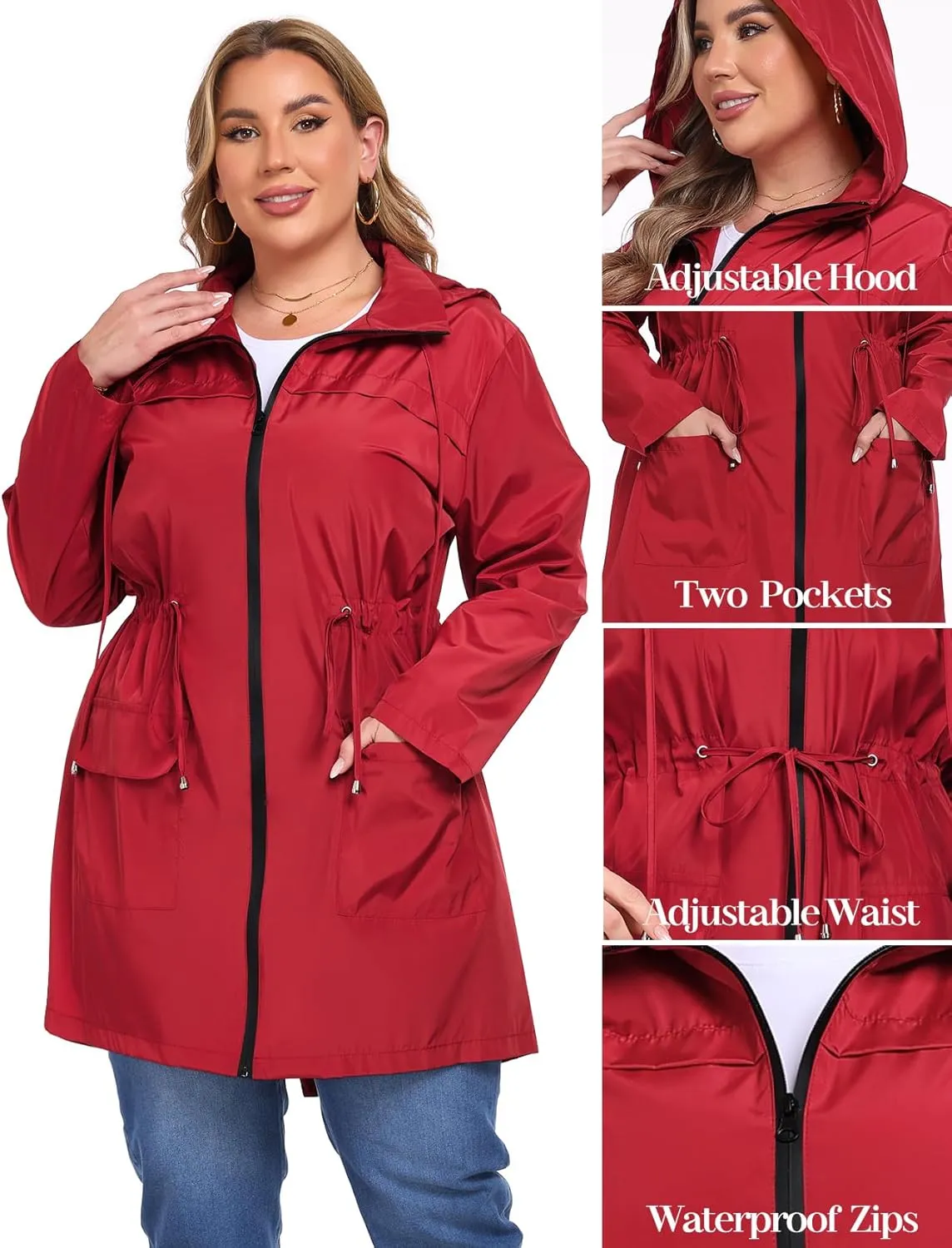 ZOMVA 2025 Plus Size 1X-5X Rain Jacket Coat Long Lightweight Raincoat with Hood Windbreaker Waterproof Jackets with Pockets