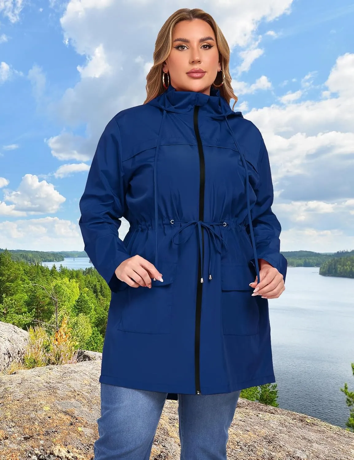 ZOMVA 2025 Plus Size 1X-5X Rain Jacket Coat Long Lightweight Raincoat with Hood Windbreaker Waterproof Jackets with Pockets