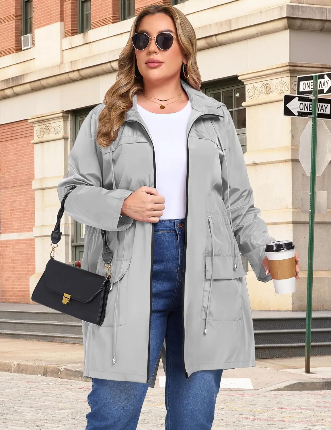 ZOMVA 2025 Plus Size 1X-5X Rain Jacket Coat Long Lightweight Raincoat with Hood Windbreaker Waterproof Jackets with Pockets