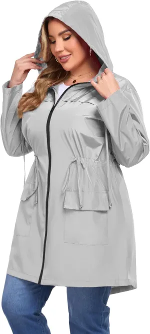 ZOMVA 2025 Plus Size 1X-5X Rain Jacket Coat Long Lightweight Raincoat with Hood Windbreaker Waterproof Jackets with Pockets