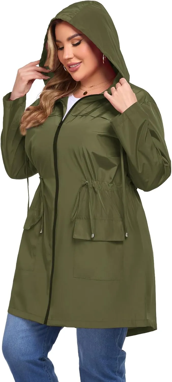 ZOMVA 2025 Plus Size 1X-5X Rain Jacket Coat Long Lightweight Raincoat with Hood Windbreaker Waterproof Jackets with Pockets