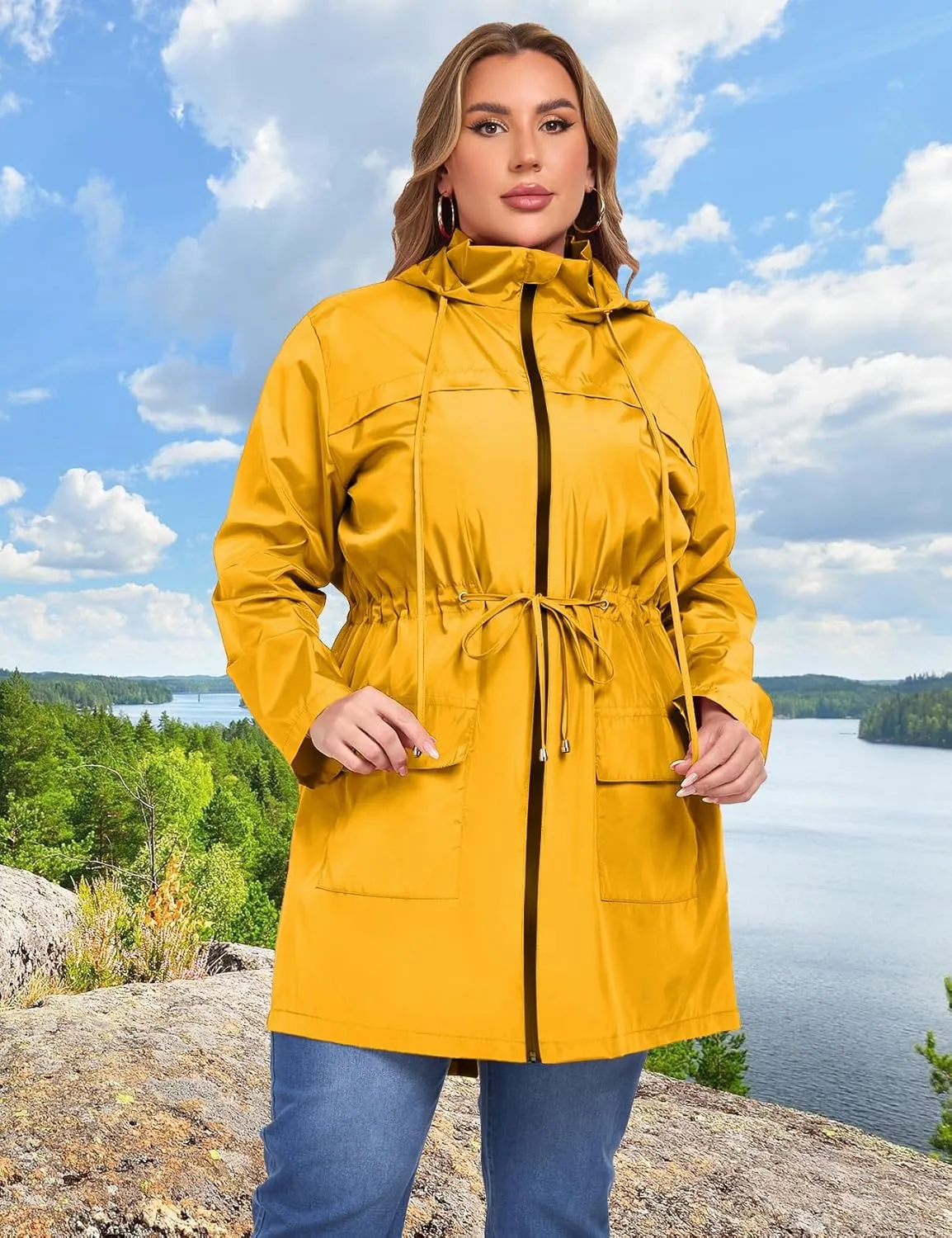 ZOMVA 2025 Plus Size 1X-5X Rain Jacket Coat Long Lightweight Raincoat with Hood Windbreaker Waterproof Jackets with Pockets