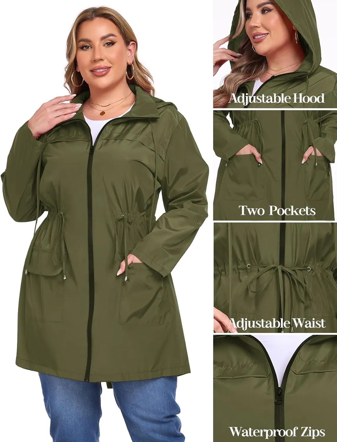 ZOMVA 2025 Plus Size 1X-5X Rain Jacket Coat Long Lightweight Raincoat with Hood Windbreaker Waterproof Jackets with Pockets