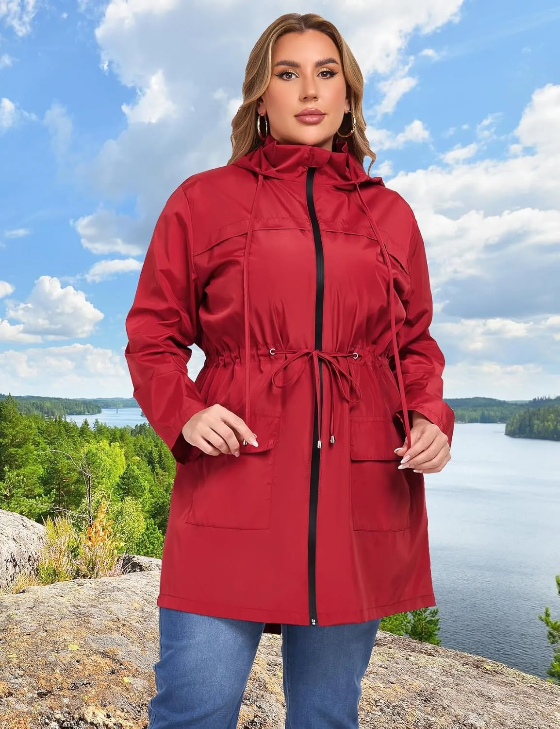 ZOMVA 2025 Plus Size 1X-5X Rain Jacket Coat Long Lightweight Raincoat with Hood Windbreaker Waterproof Jackets with Pockets