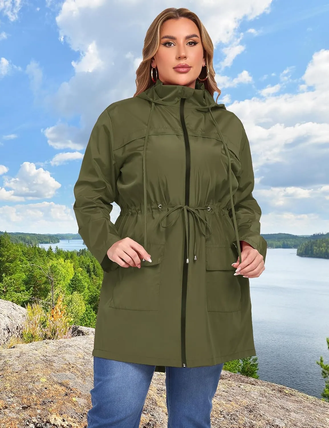 ZOMVA 2025 Plus Size 1X-5X Rain Jacket Coat Long Lightweight Raincoat with Hood Windbreaker Waterproof Jackets with Pockets