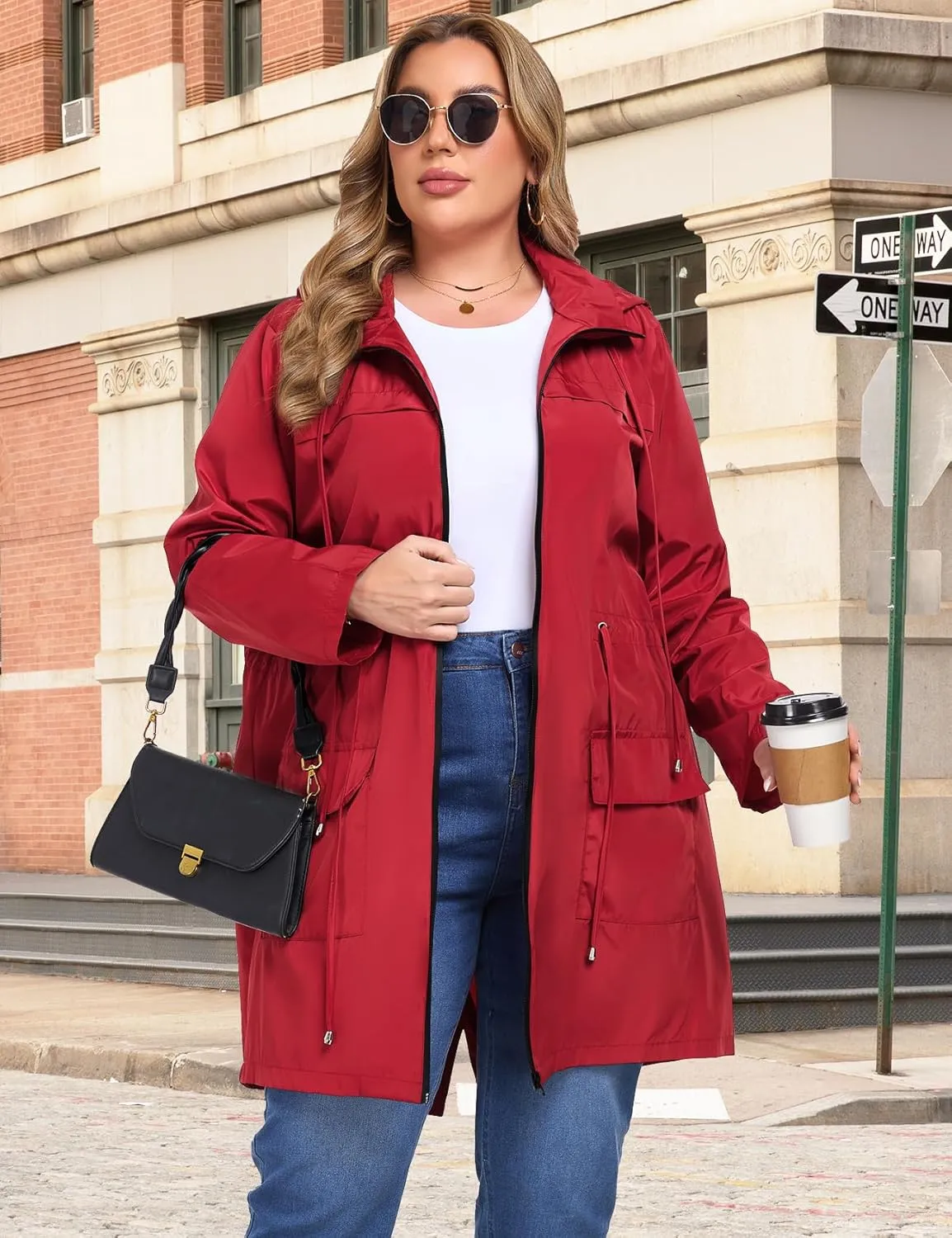 ZOMVA 2025 Plus Size 1X-5X Rain Jacket Coat Long Lightweight Raincoat with Hood Windbreaker Waterproof Jackets with Pockets