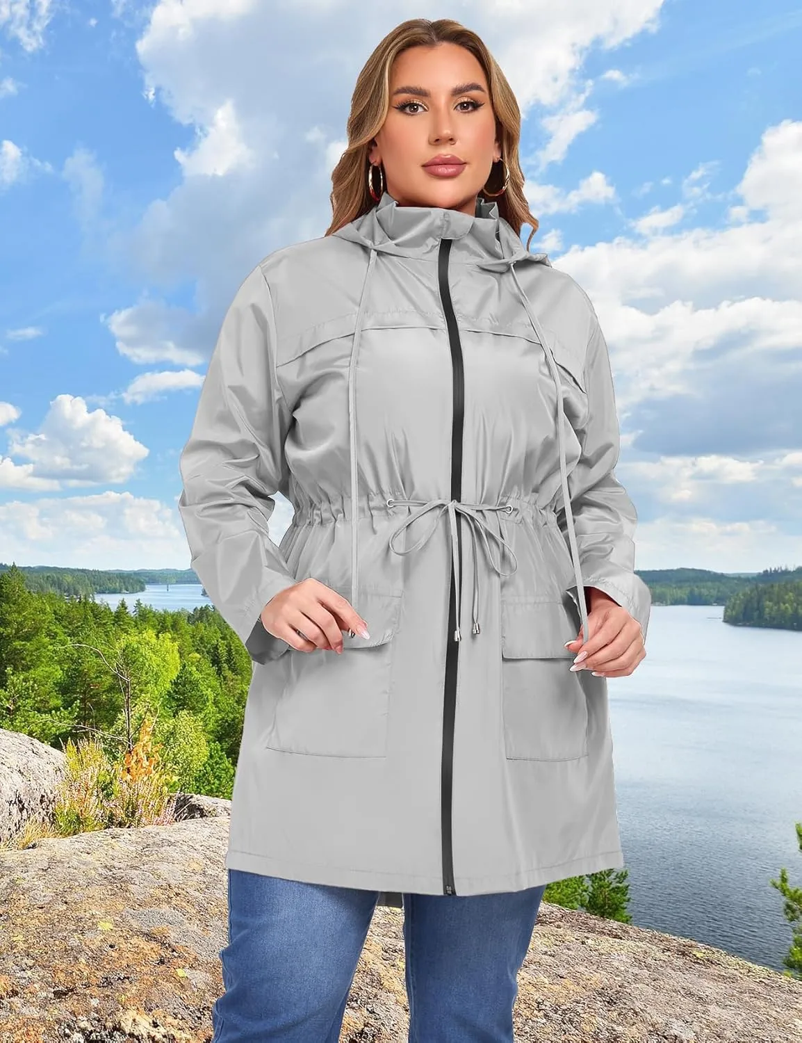 ZOMVA 2025 Plus Size 1X-5X Rain Jacket Coat Long Lightweight Raincoat with Hood Windbreaker Waterproof Jackets with Pockets