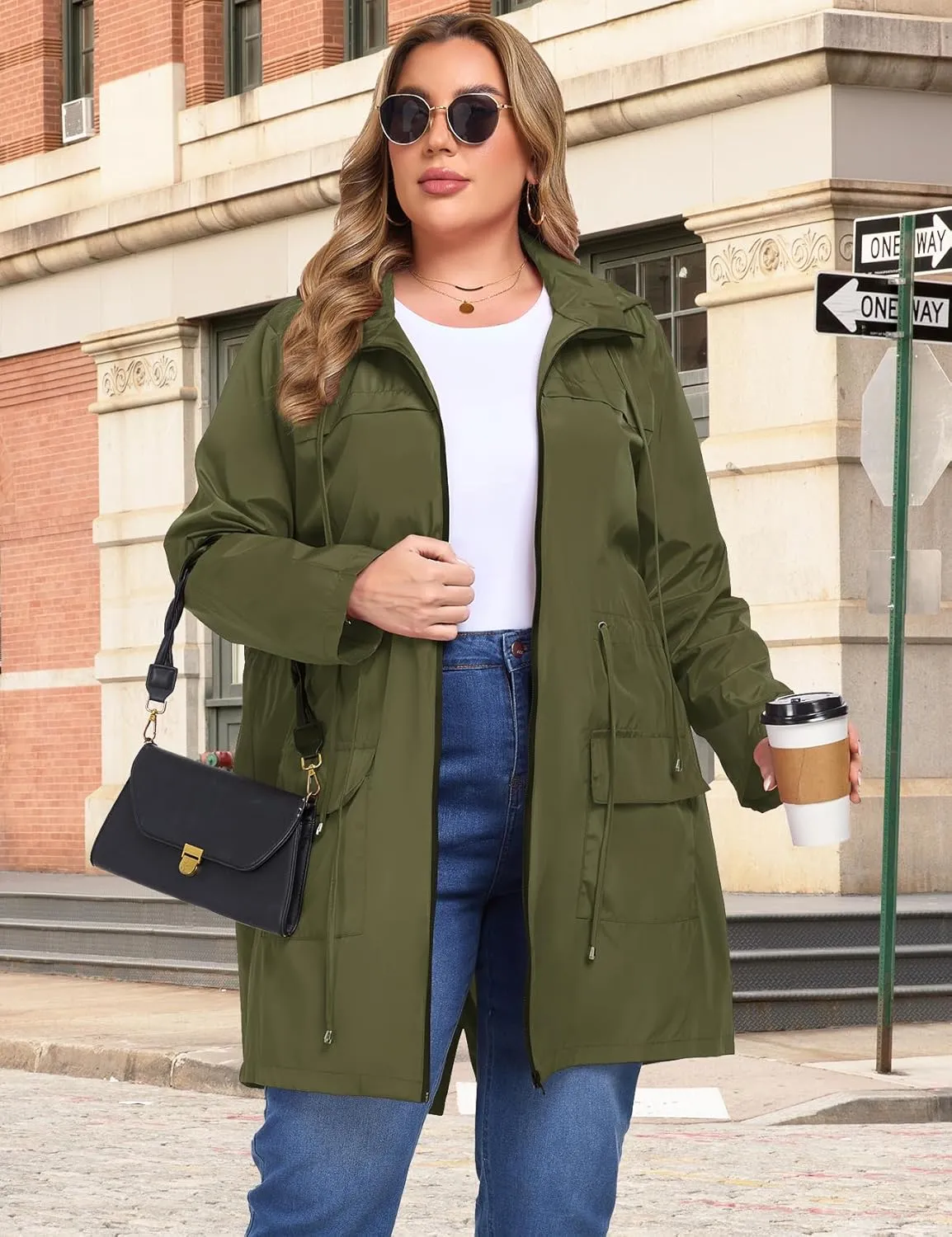 ZOMVA 2025 Plus Size 1X-5X Rain Jacket Coat Long Lightweight Raincoat with Hood Windbreaker Waterproof Jackets with Pockets