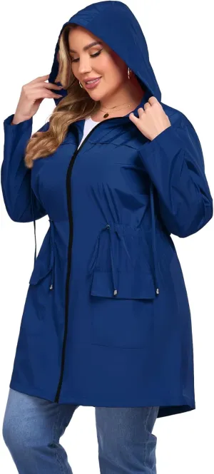 ZOMVA 2025 Plus Size 1X-5X Rain Jacket Coat Long Lightweight Raincoat with Hood Windbreaker Waterproof Jackets with Pockets