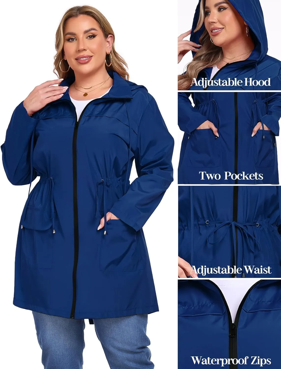 ZOMVA 2025 Plus Size 1X-5X Rain Jacket Coat Long Lightweight Raincoat with Hood Windbreaker Waterproof Jackets with Pockets